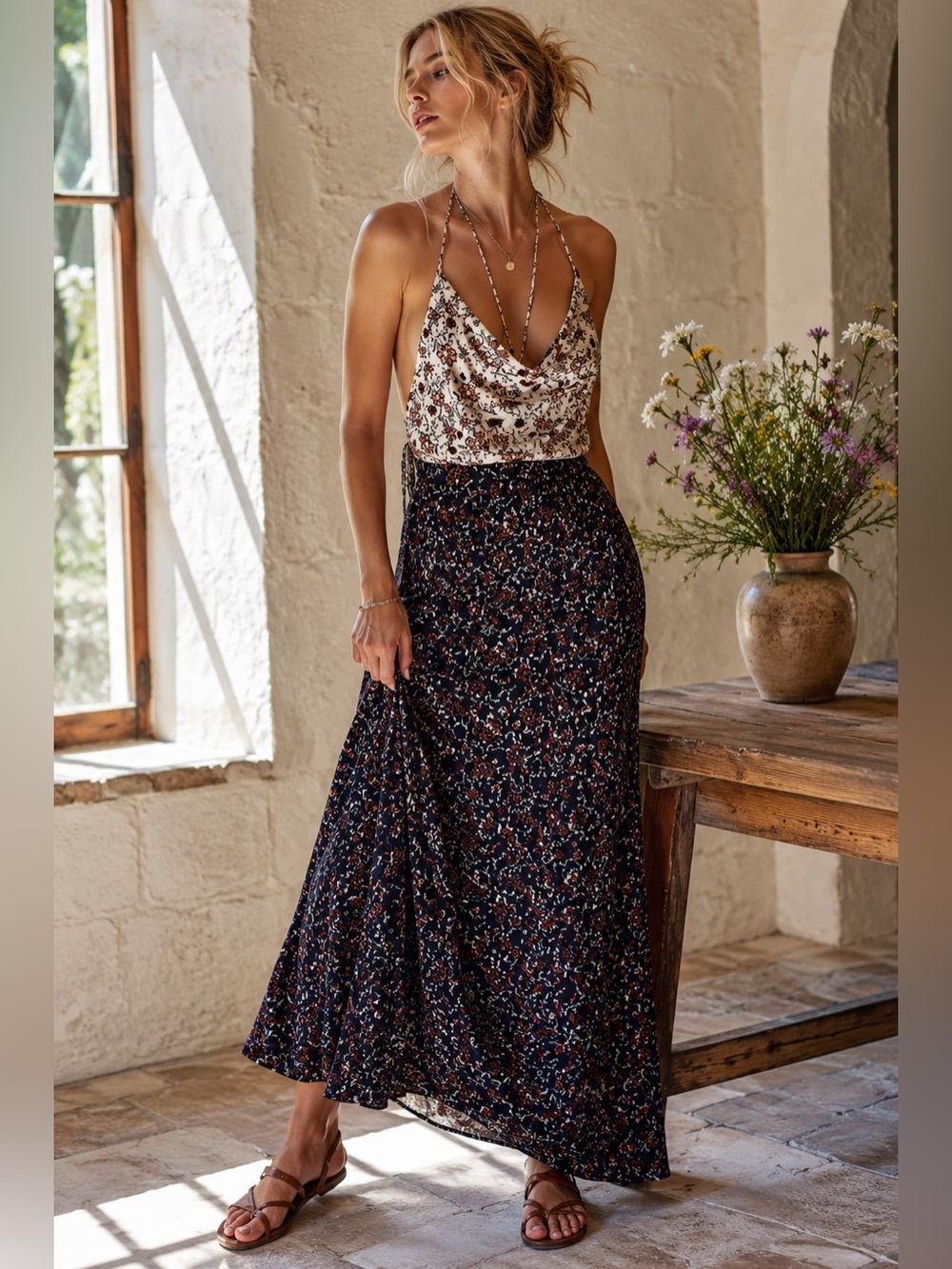 Free People True Love Cowl Neck Strappy Romantic Boho Dark Floral Maxi Dress